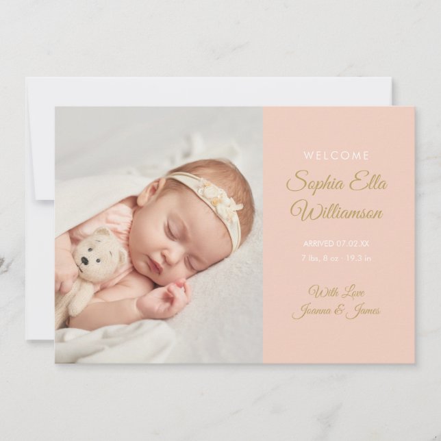 Baby Girl Modern Gold Script Photo Birth Announcement (Front)