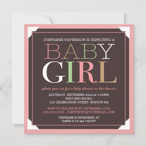 Baby Girl Modern Pink &amp; Brown Baby Shower Announcements