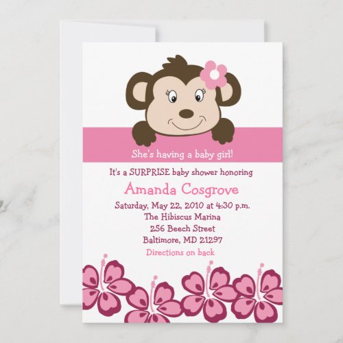 BABY GIRL Monkey Hibiscus Flower 5x7 Baby Shower Invitation