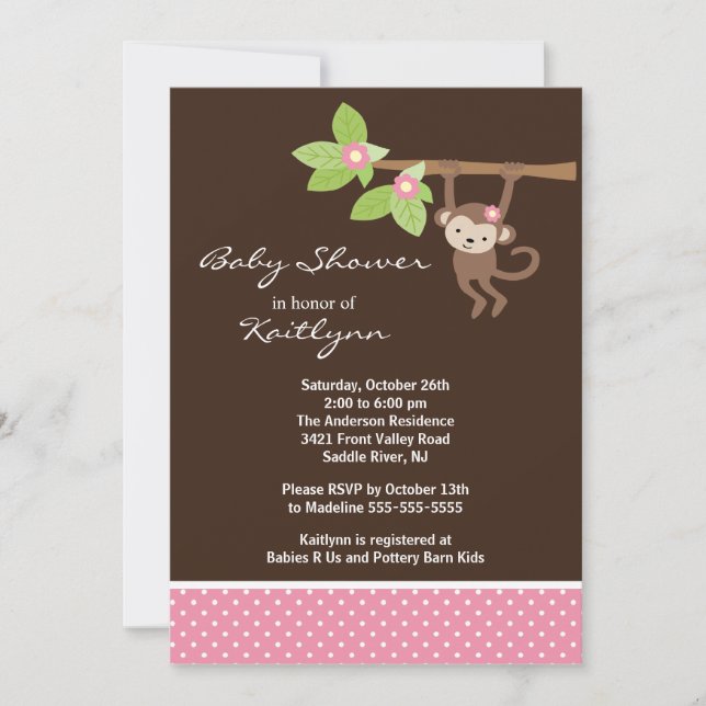 Baby Girl Monkey Safari Baby Shower Invitation (Front)