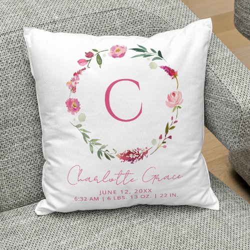 Baby Girl Monogram Birth Stats Pink Floral Nursery Throw Pillow