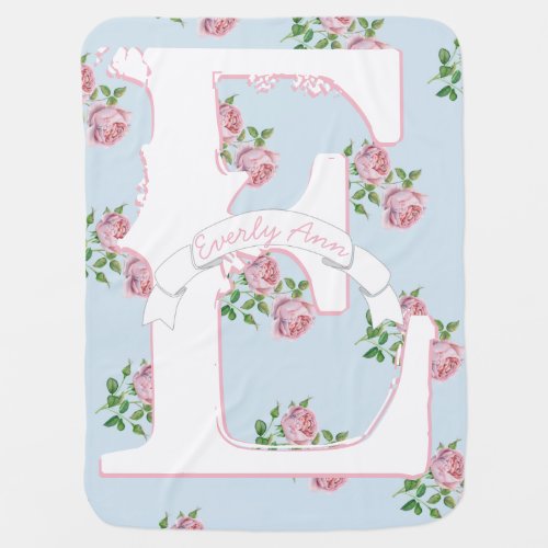 Baby Girl Monogram Vintage Rose Pink Blue Pattern Receiving Blanket
