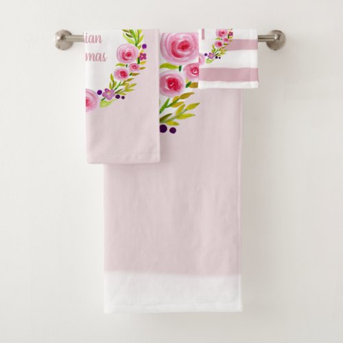 Baby Girl Monogram Watercolor Flower Wreath Name Bath Towel Set