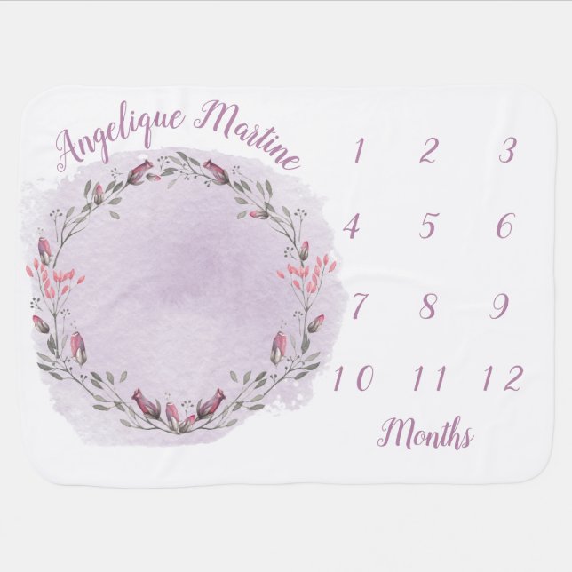 Baby Girl Month Milestone Mauve Meadow Wreath Blanket (Horizontal)