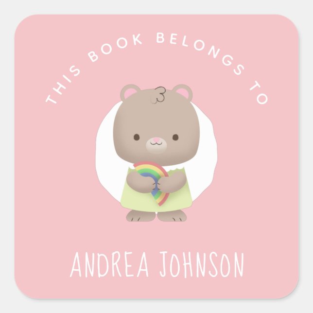 Baby Girl Mouse & Rainbow Pink Gray Kid's Name Fun Square Sticker (Front)