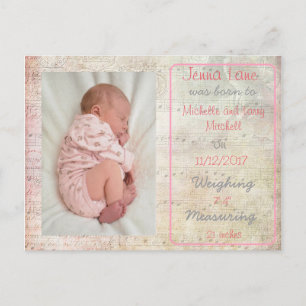 Baby Girl Musical Notes Birth Announce Postcard