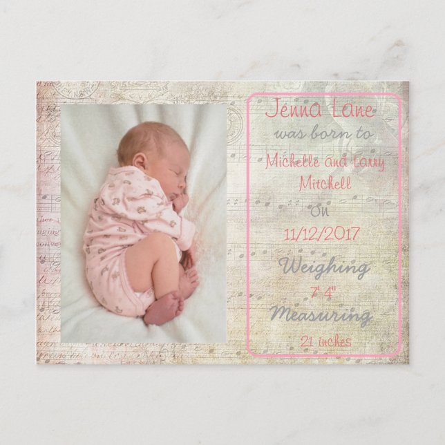 Baby Girl Musical Notes Birth Announce Postcard (Front)
