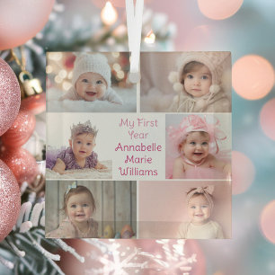 Baby Girl My First Year Photo Collage Christmas Glass Ornament