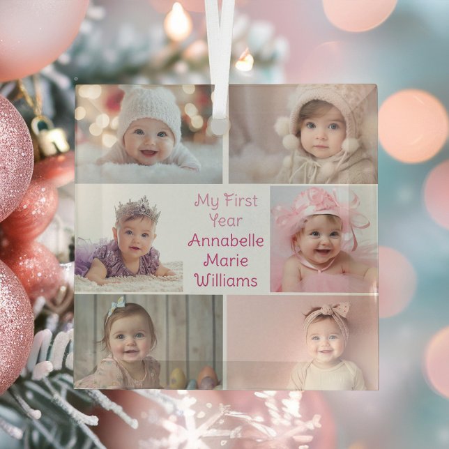 Baby Girl My First Year Photo Collage Christmas Glass Ornament (Creator Uploaded)