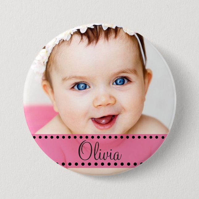 Baby Girl Name and  Photo Magnet Pink Personalized Button (Front)