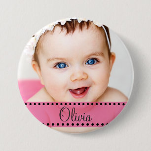 Baby Girl Name and  Photo Magnet Pink Personalized Button