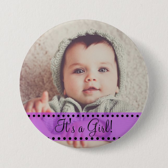 Baby Girl Name and Photo Magnet Purple Personalize Pinback Button (Front)