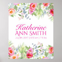 Baby Girl Name Birth Stat Custom Floral Art Poster