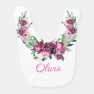 Baby Girl Name Burgundy Floral Watercolor Pretty Baby Bib