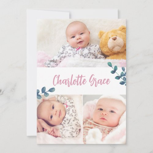 Baby Girl name Eucalyptus and Pink Custom photos Thank You Card