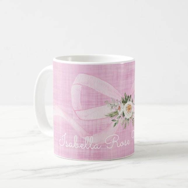 Baby Girl Name Pastel Pink Ribbon Floral Sweet Coffee Mug (Front Left)