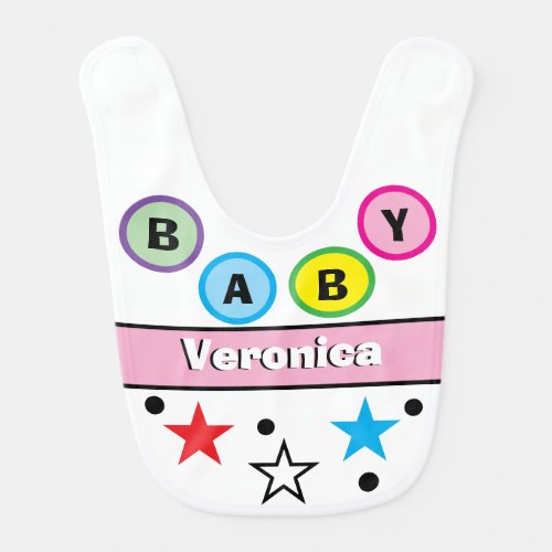 Baby Girl Name Pink Blue Green Circles Stars Bib