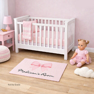 Baby Girl Name, Pink Bow Pinstripe, 3'x2' Nursery Rug