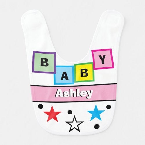 Baby Girl Name Pink Green Yellow Blocks Stars Bib