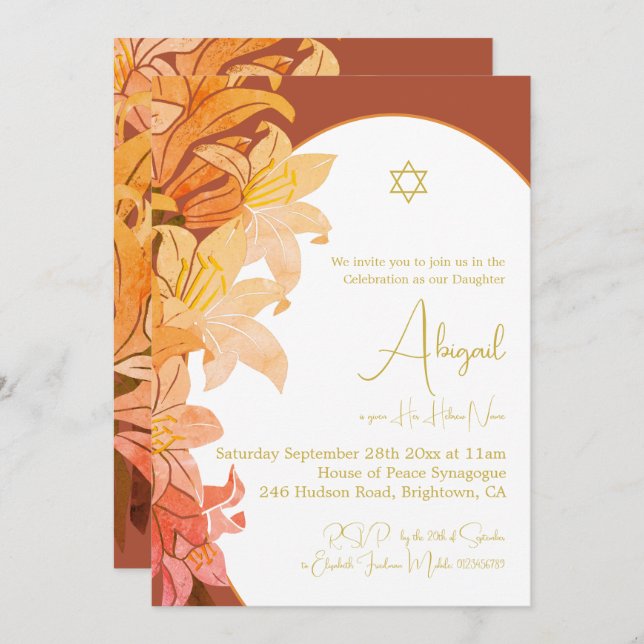 Baby Girl Naming Burnt Orange Floral Hebrew  Invitation (Front/Back)
