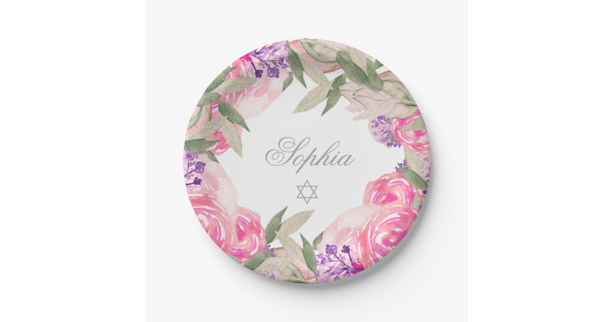 Baby Girl Naming Ceremony Hebrew Floral Silver Paper Plates | Zazzle