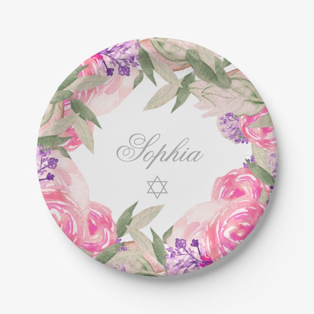 Baby Girl Naming Ceremony Hebrew Floral Silver Paper Plates (Front)
