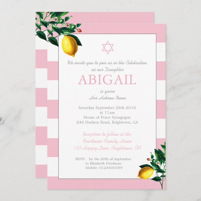 Baby Girl Naming Ceremony Lemons Jewish Hebrew  Invitation (Front/Back)