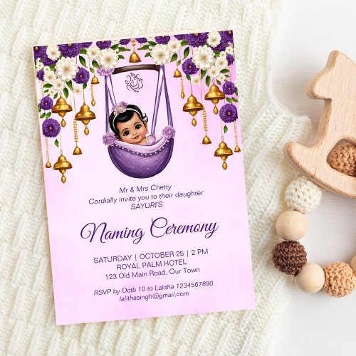 Baby Girl Naming Namkaran Cradle Ceremony purple Invitation