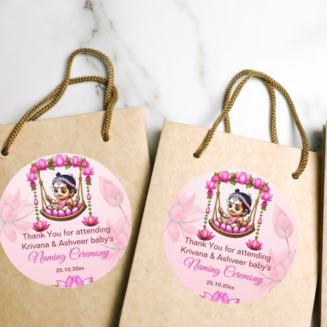 Baby Girl Naming Namkaran Cradle favor thank you Classic Round Sticker (Cradle Naming Namkaran ceremony favor gift thank you stickers cute baby girl in a lotus cradle)