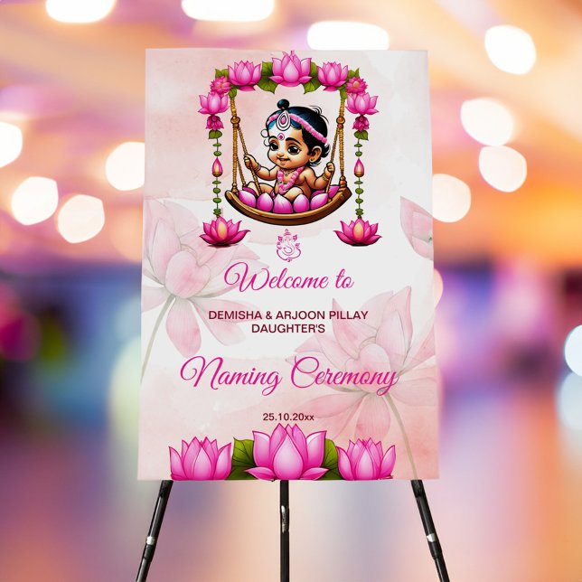 Baby Girl Naming Namkaran Cradle welcome sign (Baby girl naming cradle namkaran ceremony welcome sign board cute Indian baby girl in lotus cradle)