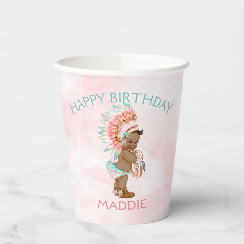 Baby Girl Native Boho Feathers Blush Pink Aqua  Paper Cups