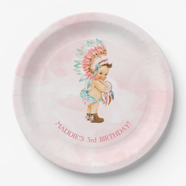 Baby Girl Native Headdress Moccasins Blush Aqua Paper Plates (Front)