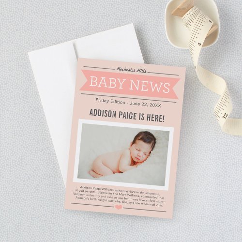 Baby Girl News Modern Blush Pink Photo Birth Announcement
