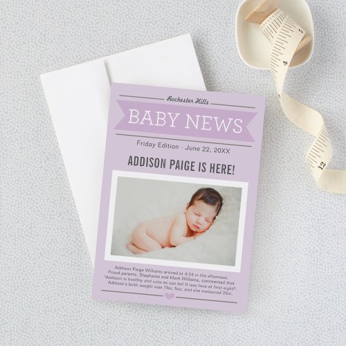 Baby Girl News Modern Purple Photo Birth Announcement