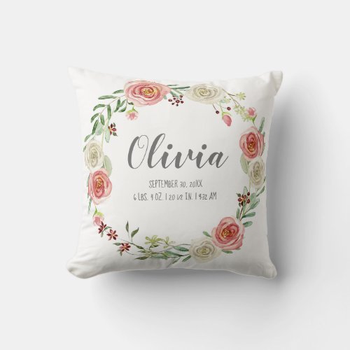 Baby Girl Nursery Birth Stats Blush Rose Wreath Throw Pillow