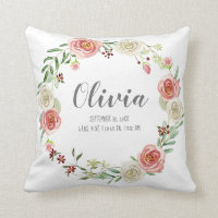 Baby Girl Nursery Birth Stats Blush Rose Wreath Throw Pillow