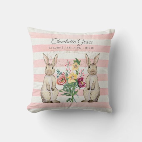 Baby Girl Nursery Floral Rabbits Birth Stats Name Throw Pillow