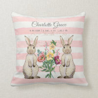 Baby Girl Nursery Floral Rabbits Birth Stats Name Throw Pillow