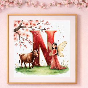 Baby Girl Nursery Letter N Fairy Floral Poster