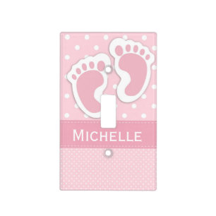 Baby Girl Nursery Pink Polka Dot Footprint & Name Light Switch Cover