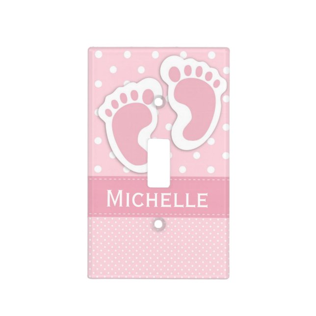 Baby Girl Nursery Pink Polka Dot Footprint & Name Light Switch Cover (Front)