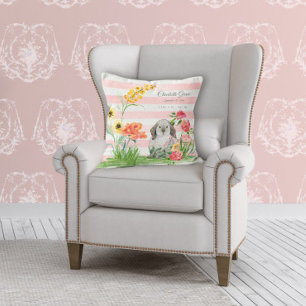Baby Girl Nursery Rabbit Floral Birth Stats Name Throw Pillow