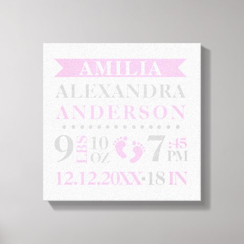 Baby Girl Nursery Room Birth Stats Keepsake Canvas Print