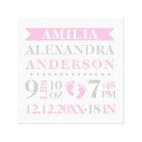 Baby Girl Nursery Room Birth Stats Keepsake Canvas Print