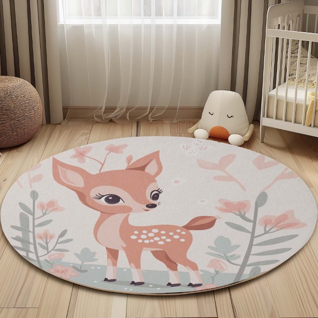 Baby Girl Nursery, Woodland Animal Deer themed Rug (Cute Deer, Woodland Animals Themed Baby Girl Nursery Decor, Area Rug.)