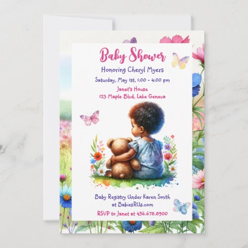 Baby Girl of Color with her Teddy Bear Baby Shower Invitation