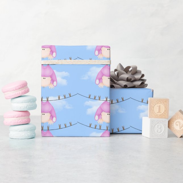 Baby Girl on Clothesline Wrapping Paper (Baby Shower)