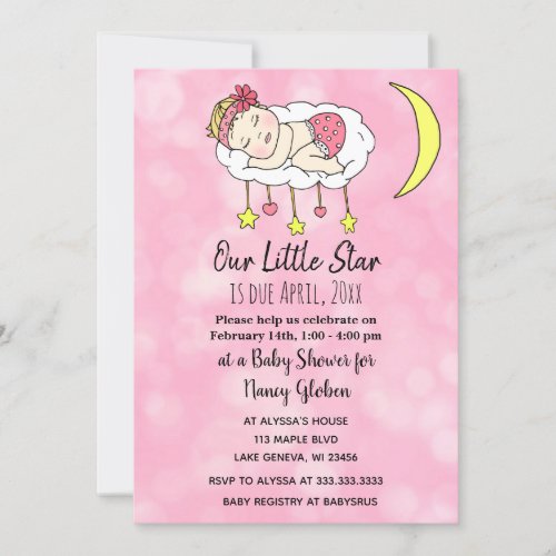 Baby Girl on Moon Pink  Girls Baby Shower Invitation