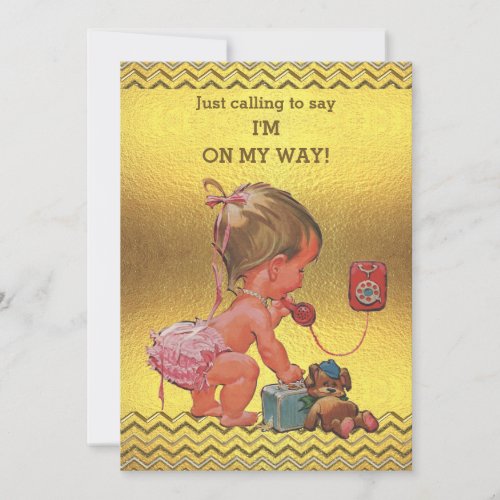 Baby Girl on Phone Baby Shower Gold Chevrons Invitation