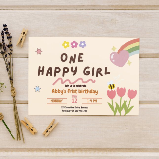 Baby Girl One Happy Girl Birthday Invitation (Creator Uploaded)